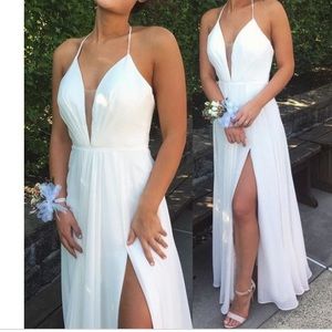white, long dress, open back & slit on side. 1 use